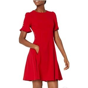 DKNY Dress 10 Red Short Sleeve Flounce A Line Stretch Pockets NWT $129 Career
